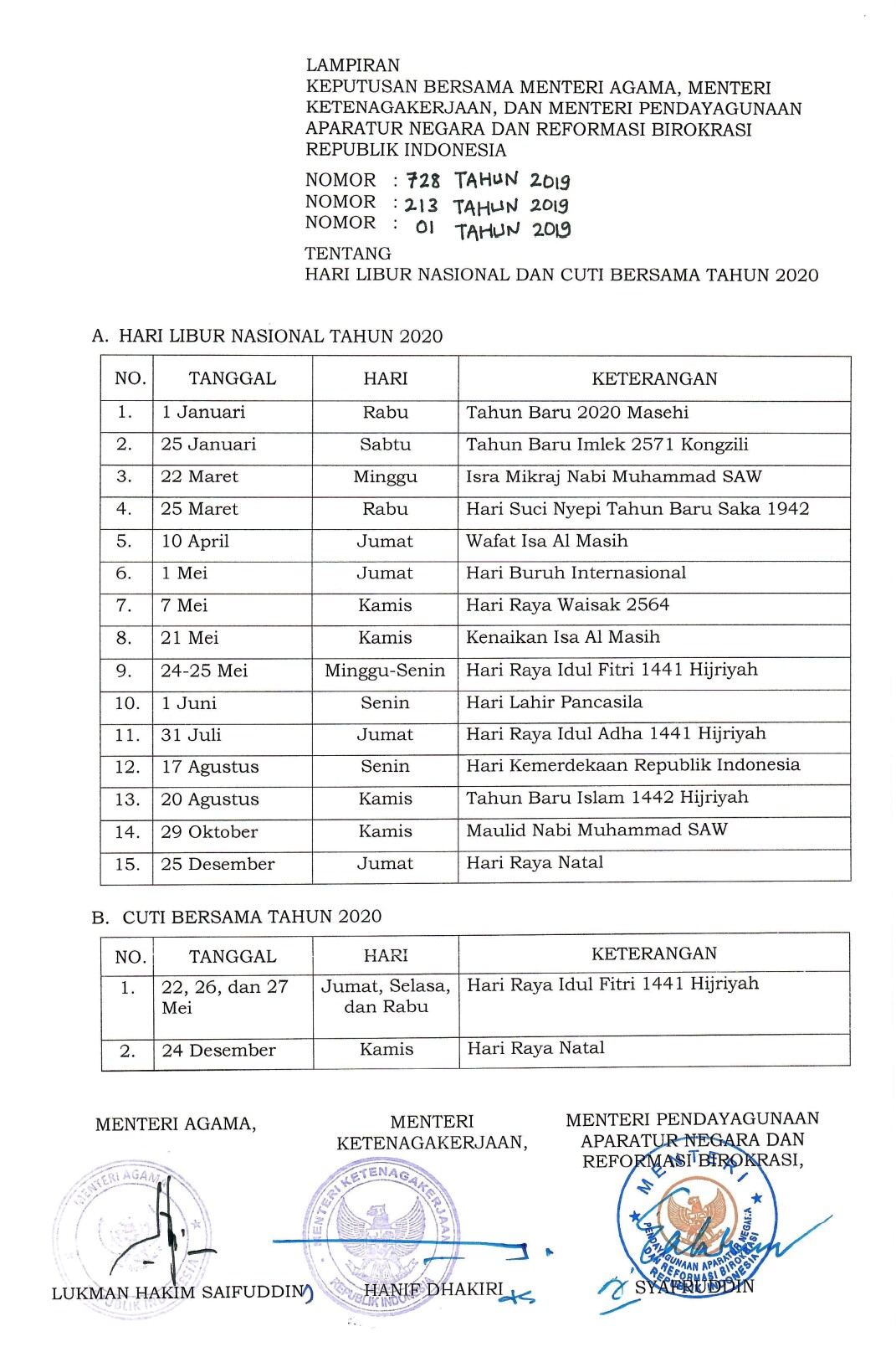 SKB Tiga Menteri Soal Cuti Bersama 2020 - Jurnal Kepri